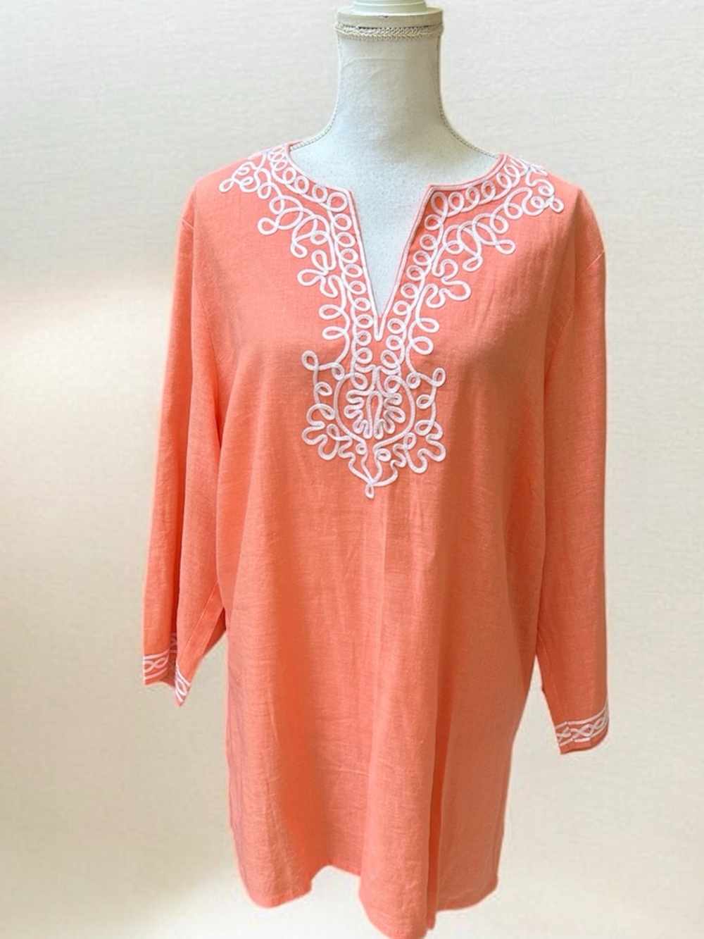 Carole Little Linen Coral White Embroidered V Neck 3/4 Sleeve Boho Tunic NWT 1X